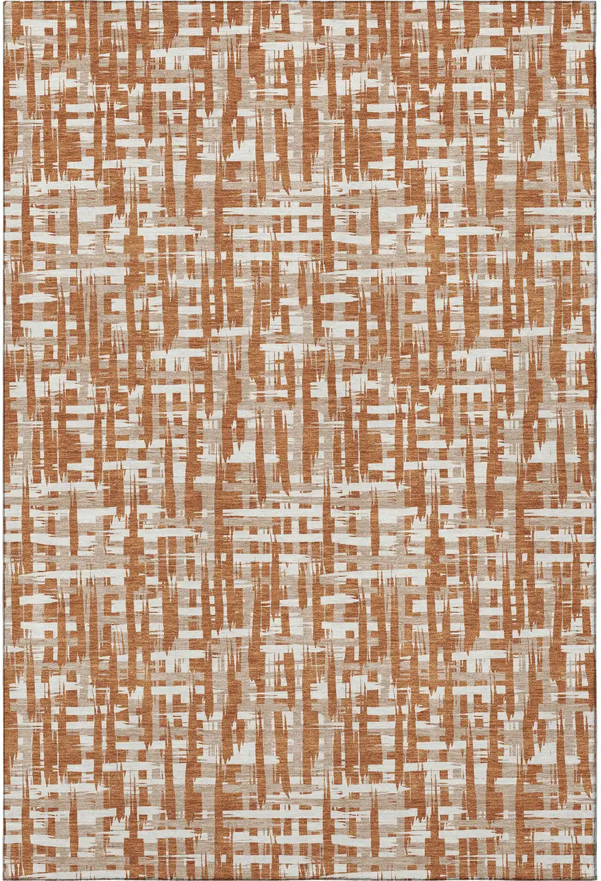 Terra Cotta Ivory And Beige Abstract Geometric Washable Area Rug With UV Protection Photo 3
