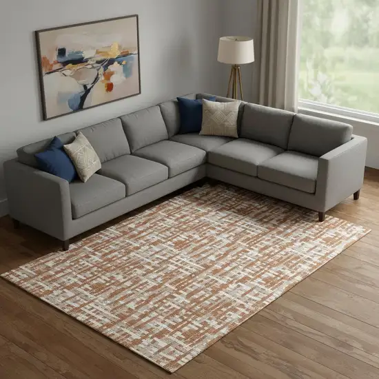 Terra Cotta Ivory And Beige Abstract Geometric Washable Area Rug With UV Protection Photo 2