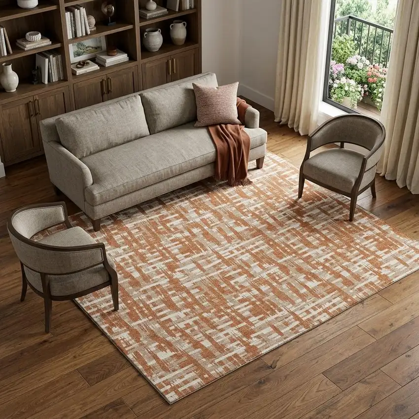 Terra Cotta Ivory And Beige Abstract Geometric Washable Area Rug With UV Protection Photo 1