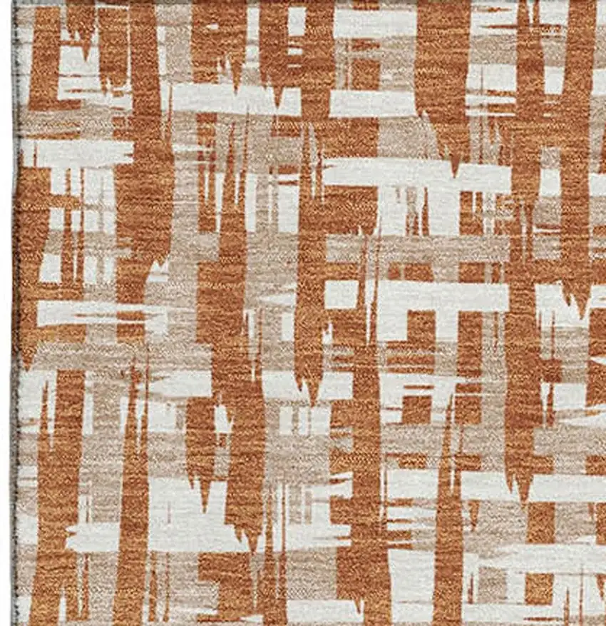 Terra Cotta Ivory And Beige Abstract Geometric Washable Area Rug With UV Protection Photo 2