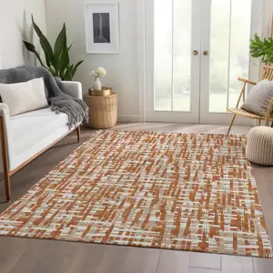 Photo of Terra Cotta Ivory And Beige Abstract Geometric Washable Area Rug With UV Protection
