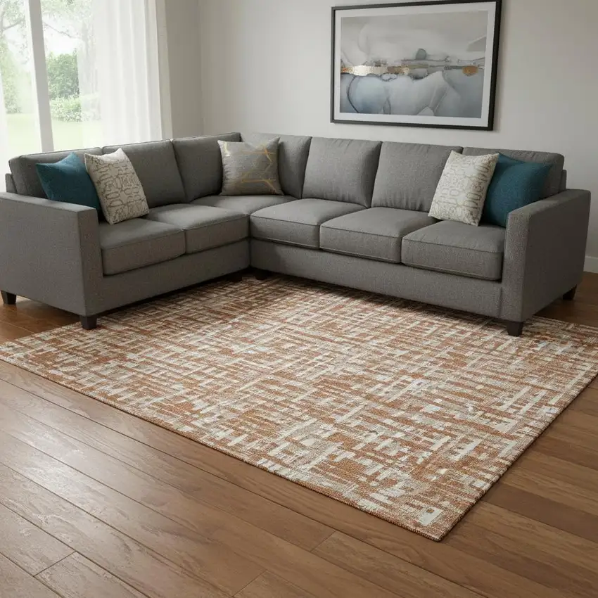 Terra Cotta Ivory And Beige Abstract Geometric Washable Area Rug With UV Protection Photo 2