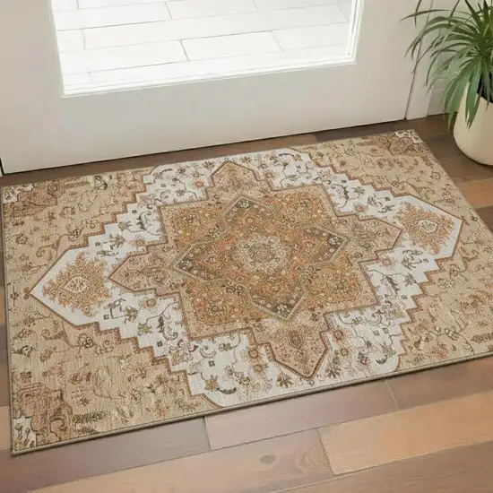 Terra Cotta Ivory And Beige Oriental Washable Area Rug With UV Protection Photo 2