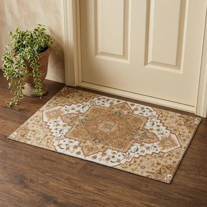 Terra Cotta Ivory And Beige Oriental Washable Area Rug With UV Protection Photo 1