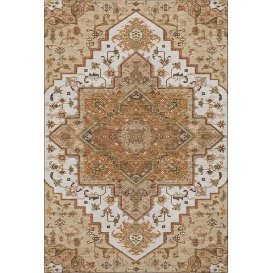 Terra Cotta Ivory And Beige Oriental Washable Area Rug With UV Protection Photo 3