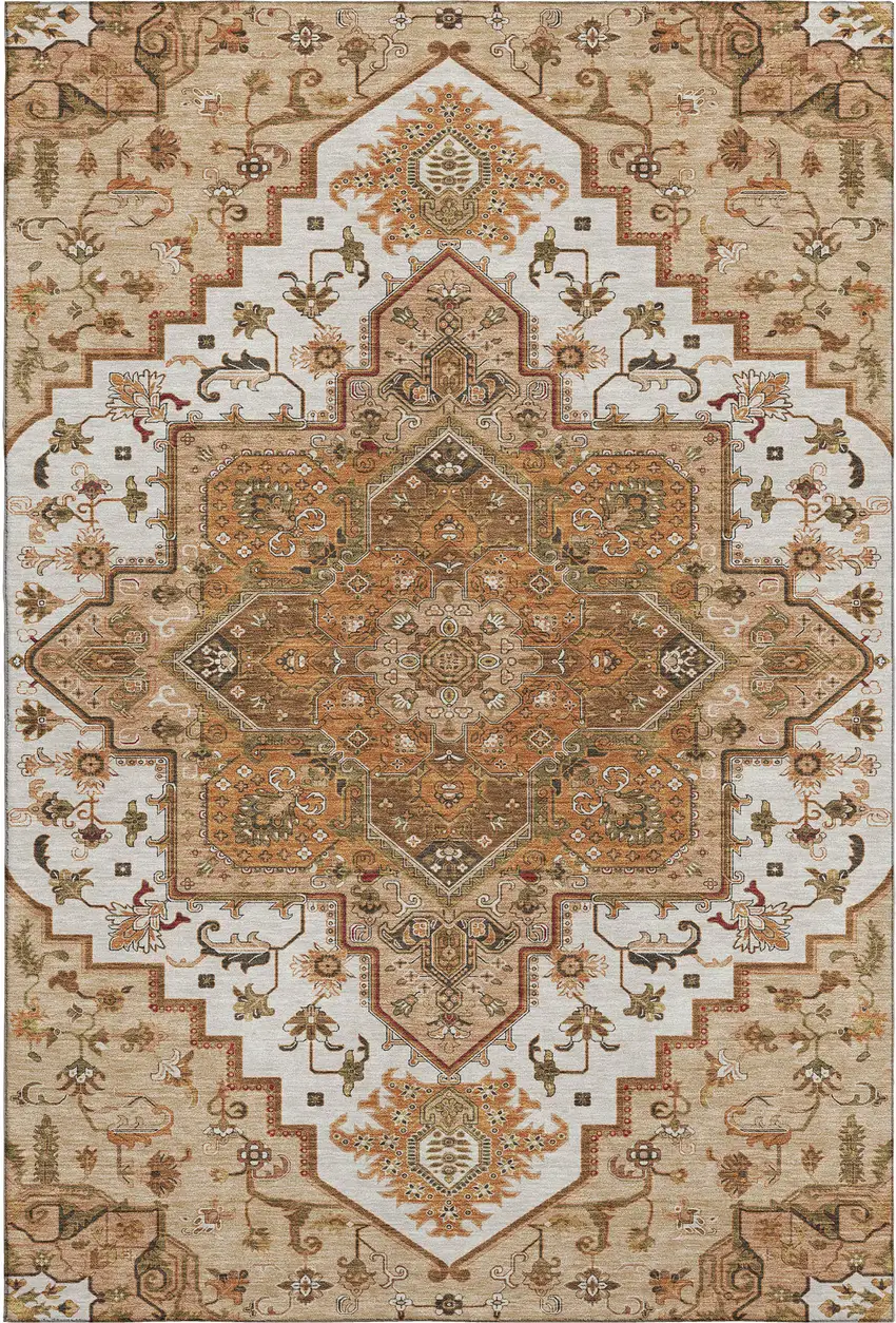 Terra Cotta Ivory And Beige Oriental Washable Area Rug With UV Protection Photo 1