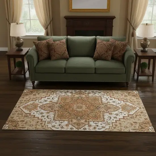 Terra Cotta Ivory And Beige Oriental Washable Area Rug With UV Protection Photo 2