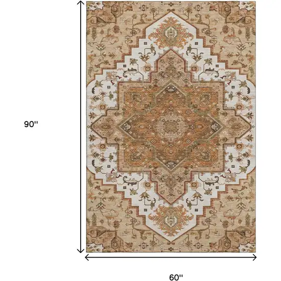 Terra Cotta Ivory And Beige Oriental Washable Area Rug With UV Protection Photo 6