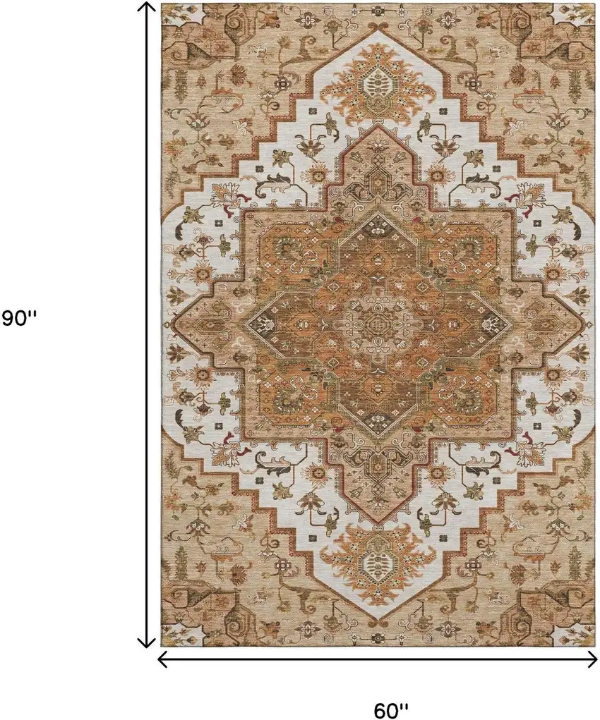 Terra Cotta Ivory And Beige Oriental Washable Area Rug With UV Protection Photo 6