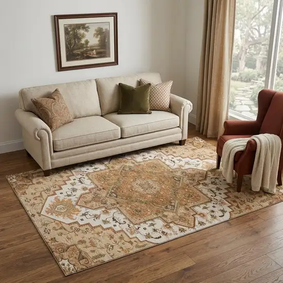 Terra Cotta Ivory And Beige Oriental Washable Area Rug With UV Protection Photo 1