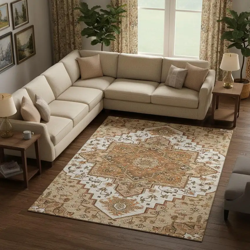 Terra Cotta Ivory And Beige Oriental Washable Area Rug With UV Protection Photo 2