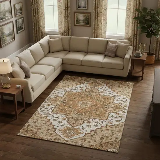 Terra Cotta Ivory And Beige Oriental Washable Area Rug With UV Protection Photo 2