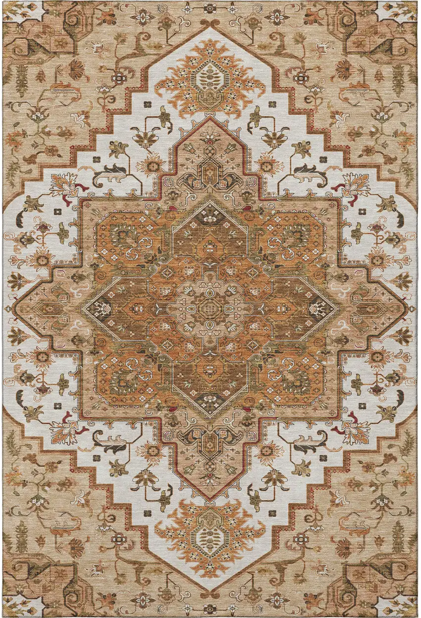 Terra Cotta Ivory And Beige Oriental Washable Area Rug With UV Protection Photo 3