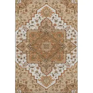 Photo of Terra Cotta Ivory And Beige Oriental Washable Area Rug With UV Protection
