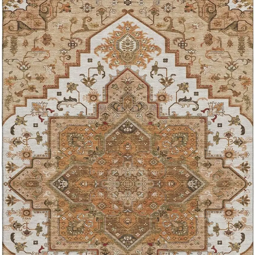 Terra Cotta Ivory And Beige Oriental Washable Area Rug With UV Protection Photo 2