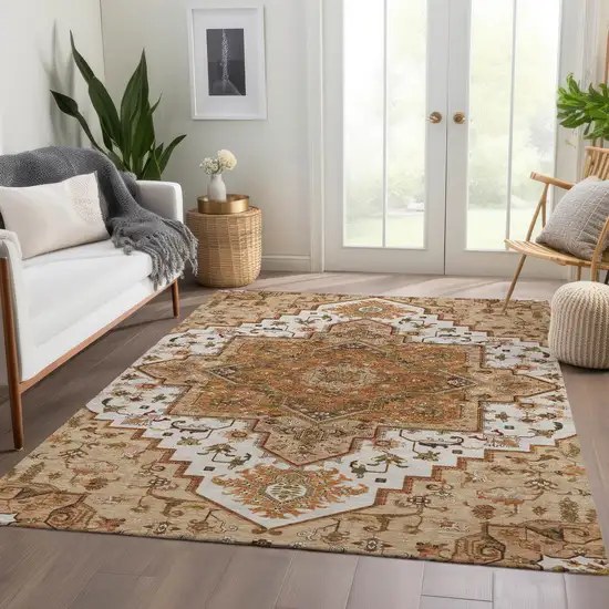 Terra Cotta Ivory And Beige Oriental Washable Area Rug With UV Protection Photo 5