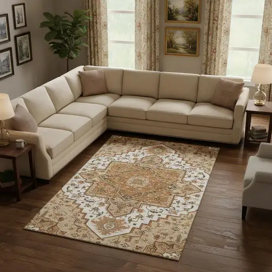 Terra Cotta Ivory And Beige Oriental Washable Area Rug With UV Protection Photo 2