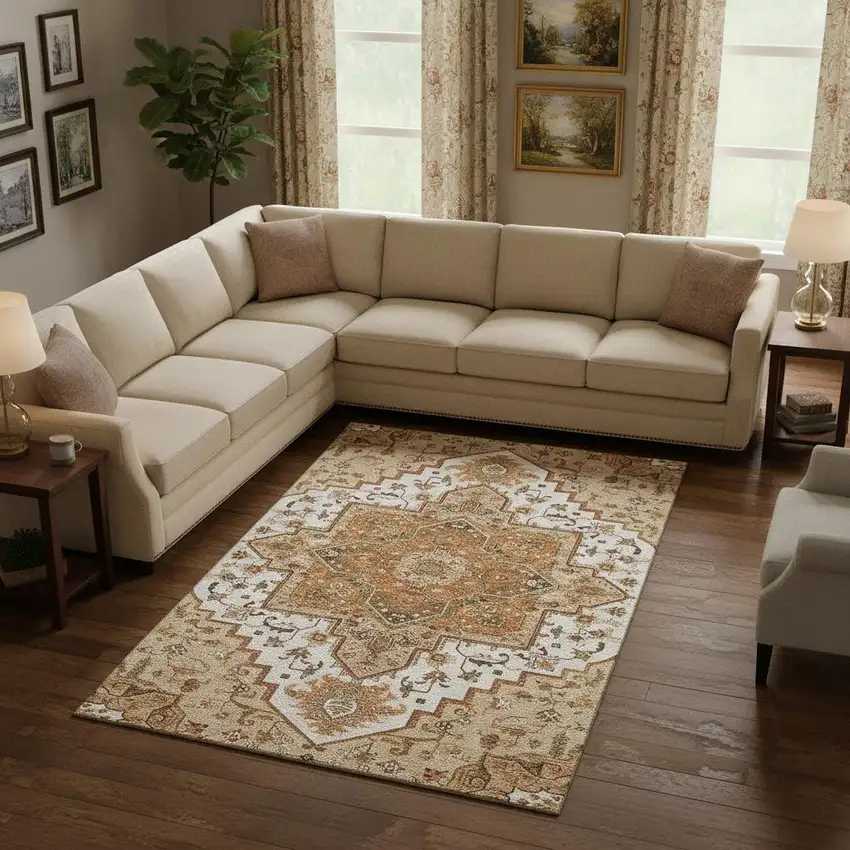 Terra Cotta Ivory And Beige Oriental Washable Area Rug With UV Protection Photo 2