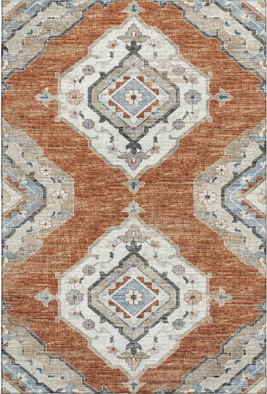 Terra Cotta Ivory And Blue Tribal Washable Area Rug With UV Protection Photo 2
