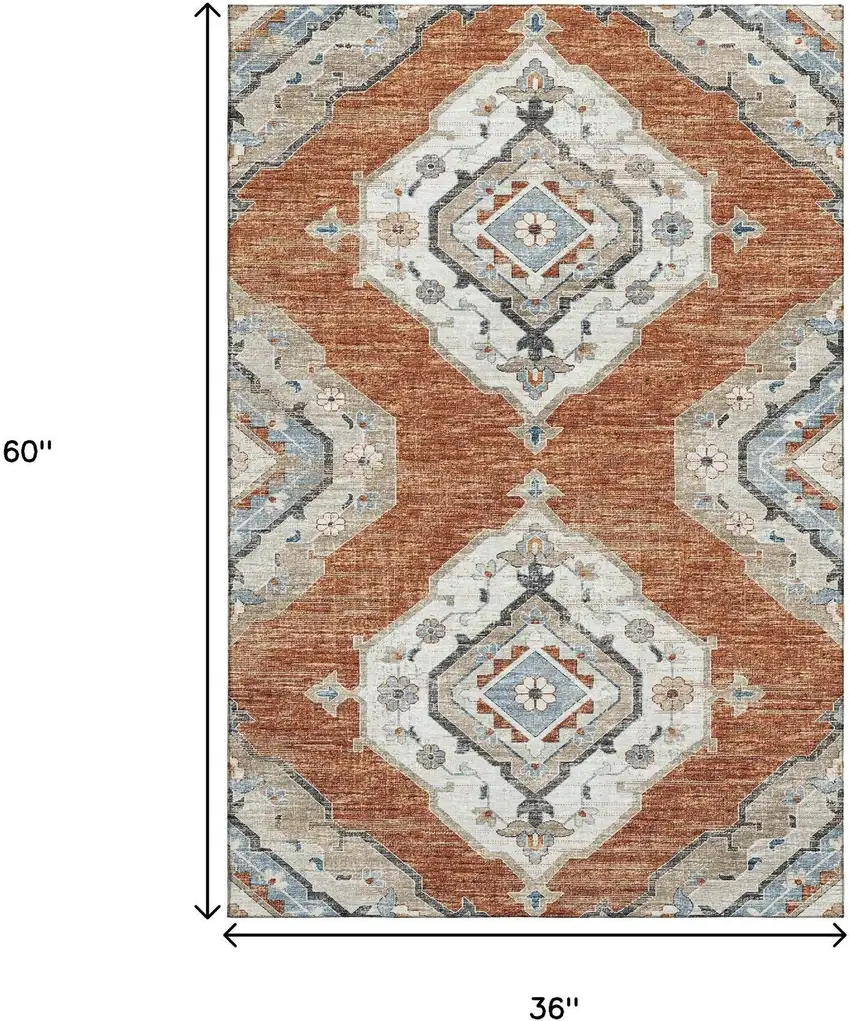 Terra Cotta Ivory And Blue Tribal Washable Area Rug With UV Protection Photo 3
