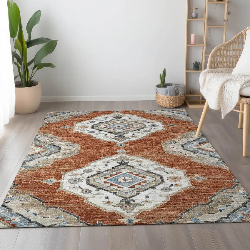 Terra Cotta Ivory And Blue Tribal Washable Area Rug With UV Protection Photo 6