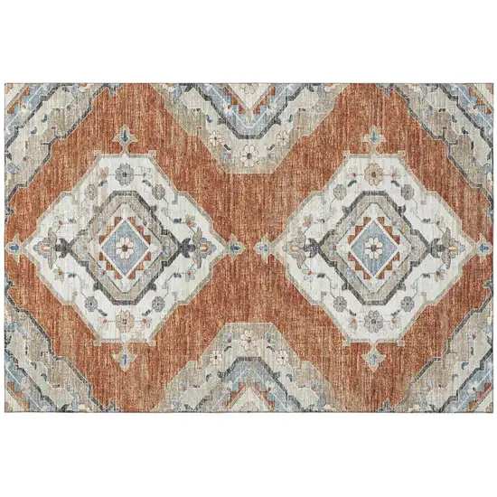 Terra Cotta Ivory And Blue Tribal Distressed Washable Area Rug With UV Protection Photo 2