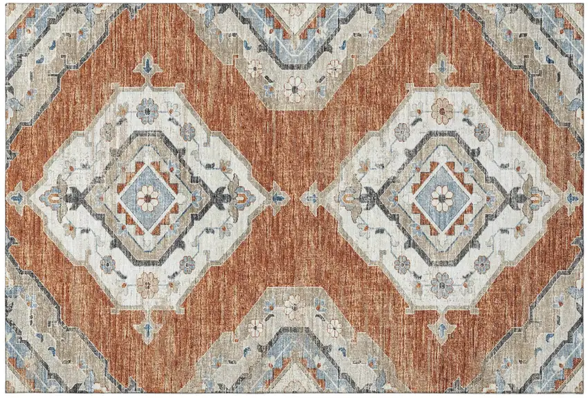 Terra Cotta Ivory And Blue Tribal Distressed Washable Area Rug With UV Protection Photo 2
