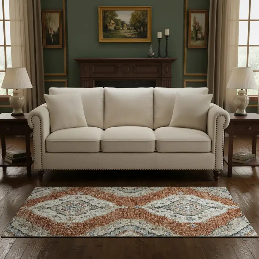 Terra Cotta Ivory And Blue Tribal Washable Area Rug With UV Protection Photo 1