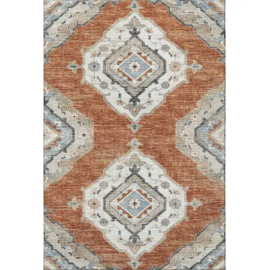 Terra Cotta Ivory And Blue Tribal Washable Area Rug With UV Protection Photo 5