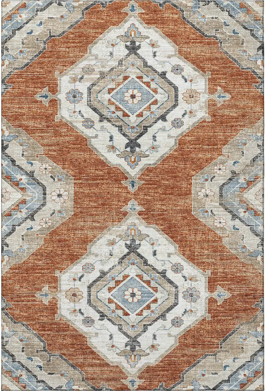 Terra Cotta Ivory And Blue Tribal Washable Area Rug With UV Protection Photo 5