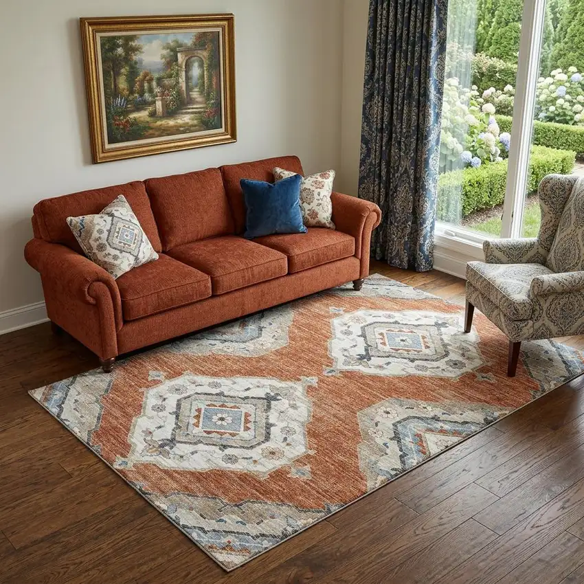 Terra Cotta Ivory And Blue Tribal Distressed Washable Area Rug With UV Protection Photo 1