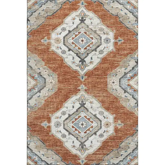 Terra Cotta Ivory And Blue Tribal Washable Area Rug With UV Protection Photo 1