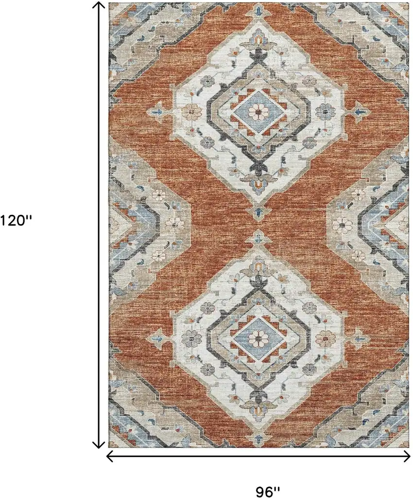 Terra Cotta Ivory And Blue Tribal Washable Area Rug With UV Protection Photo 2