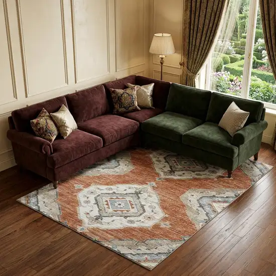 Terra Cotta Ivory And Blue Tribal Distressed Washable Area Rug With UV Protection Photo 1