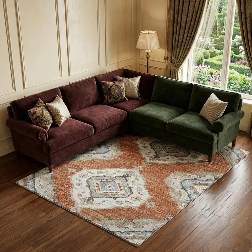 Terra Cotta Ivory And Blue Tribal Distressed Washable Area Rug With UV Protection Photo 1