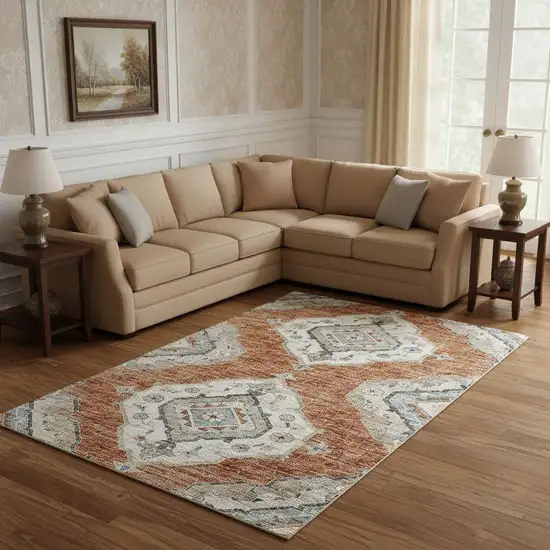 Terra Cotta Ivory And Blue Tribal Washable Area Rug With UV Protection Photo 1