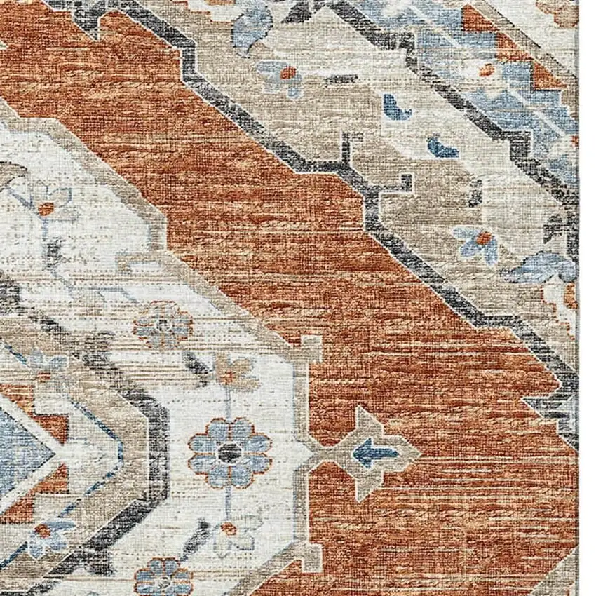 Terra Cotta Ivory And Blue Tribal Washable Area Rug With UV Protection Photo 5