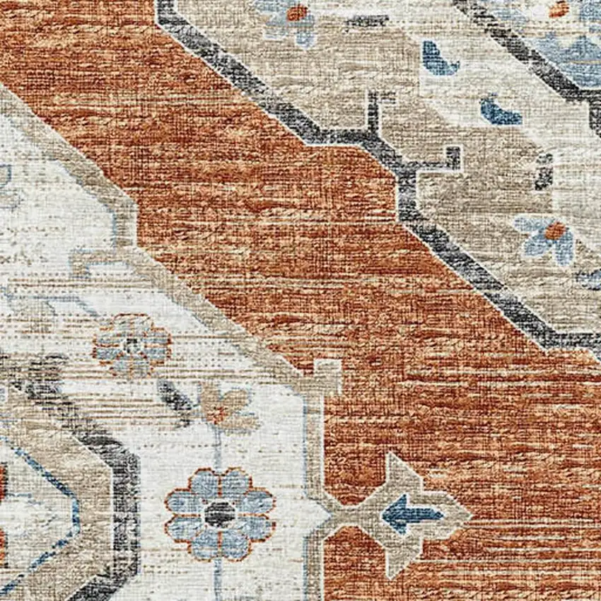 Terra Cotta Ivory And Blue Tribal Washable Area Rug With UV Protection Photo 4