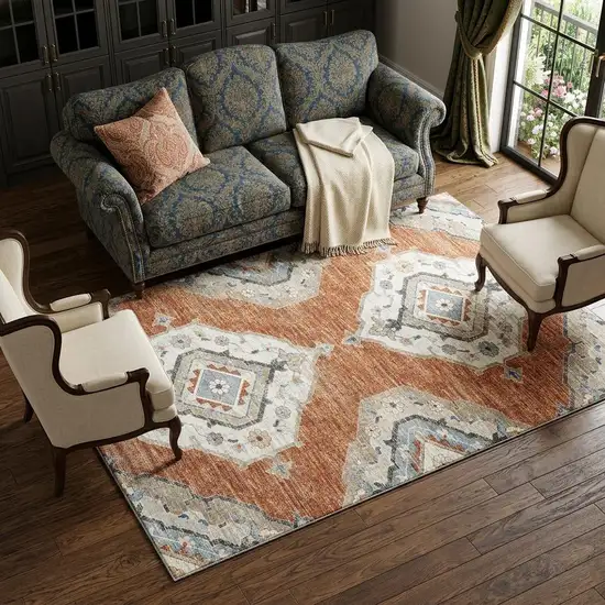 Terra Cotta Ivory And Blue Tribal Distressed Washable Area Rug With UV Protection Photo 1