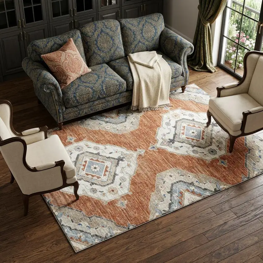 Terra Cotta Ivory And Blue Tribal Distressed Washable Area Rug With UV Protection Photo 1