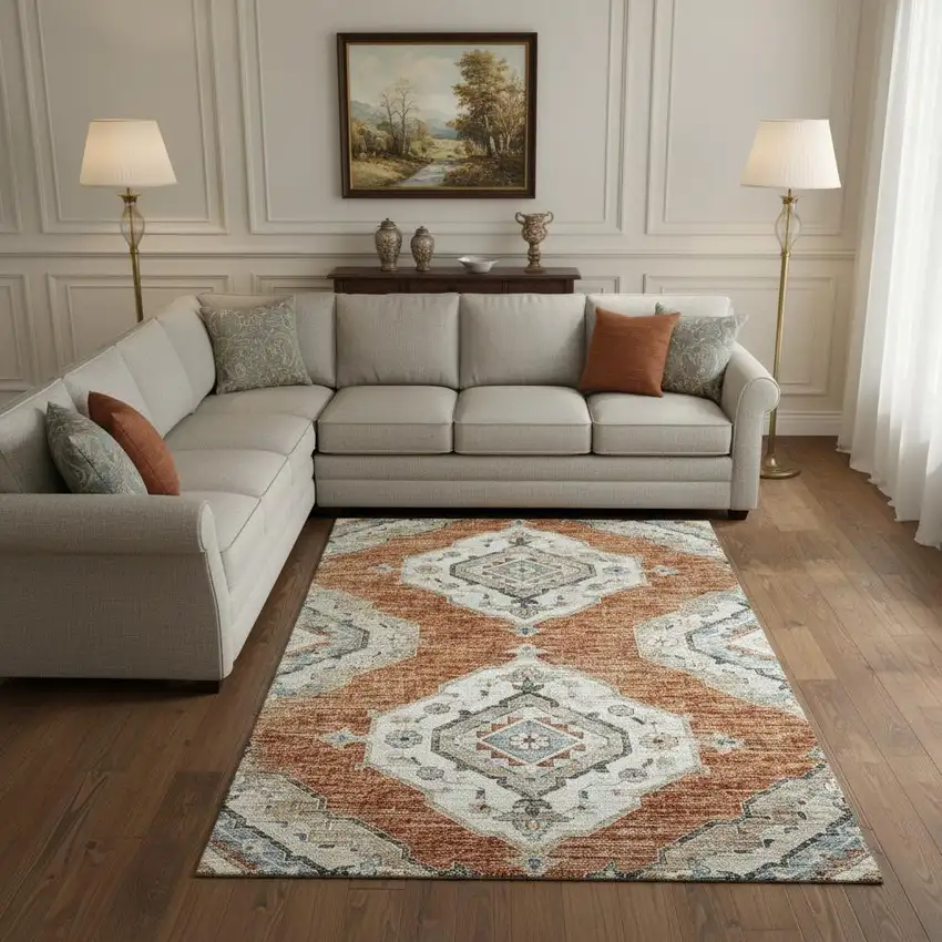 Terra Cotta Ivory And Blue Tribal Washable Area Rug With UV Protection Photo 1