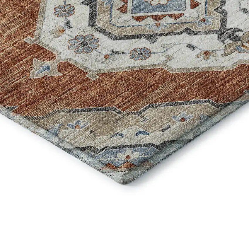 Terra Cotta Ivory And Blue Tribal Washable Area Rug With UV Protection Photo 9