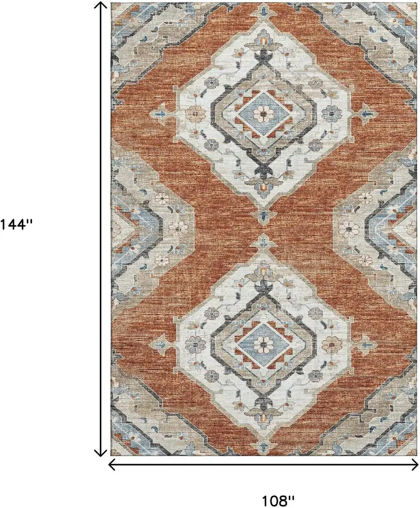 Terra Cotta Ivory And Blue Tribal Washable Area Rug With UV Protection Photo 3