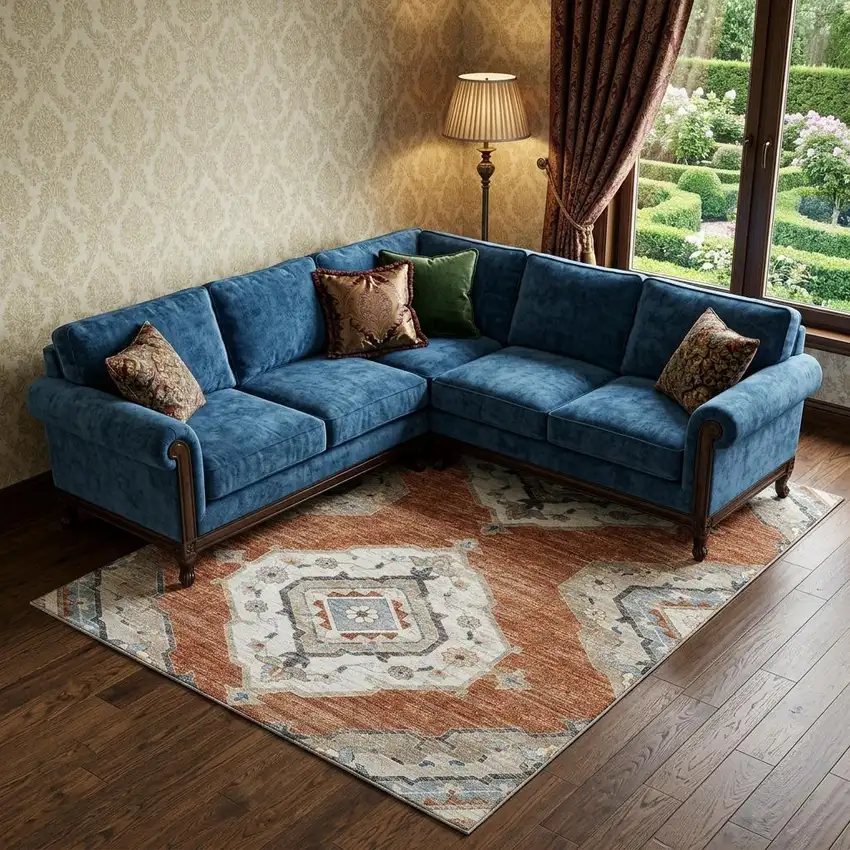 Terra Cotta Ivory And Blue Tribal Distressed Washable Area Rug With UV Protection Photo 1