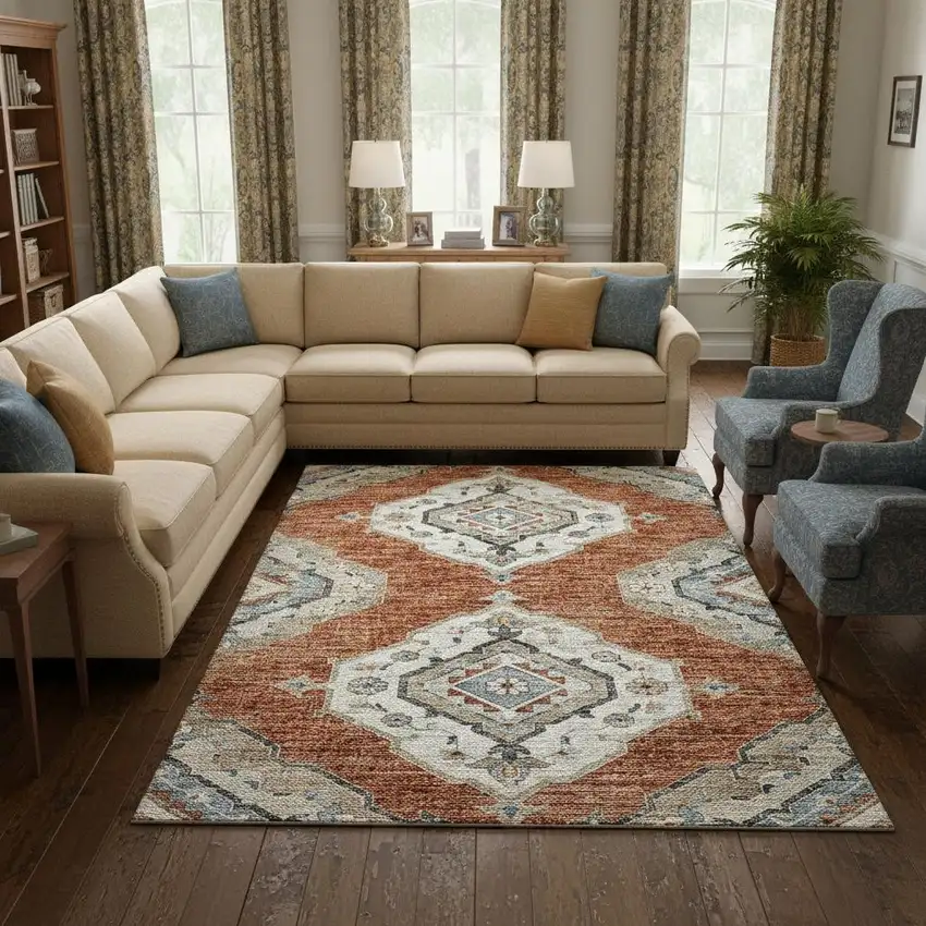 Terra Cotta Ivory And Blue Tribal Washable Area Rug With UV Protection Photo 1