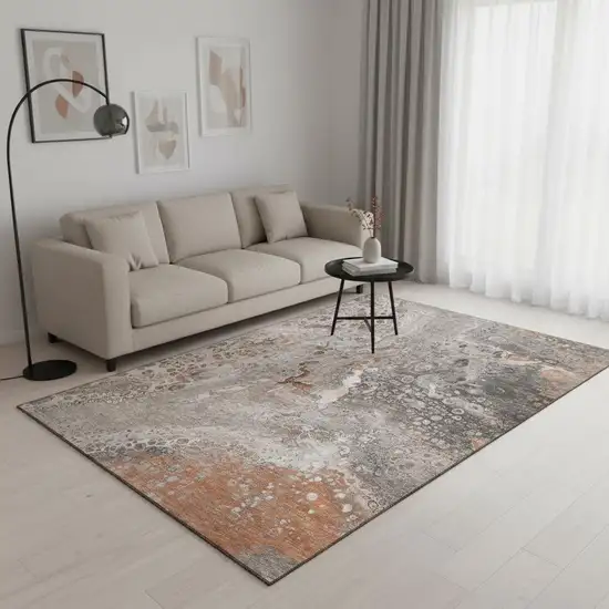Terra Cotta Ivory And Gray Abstract Washable Area Rug With UV Protection Photo 2