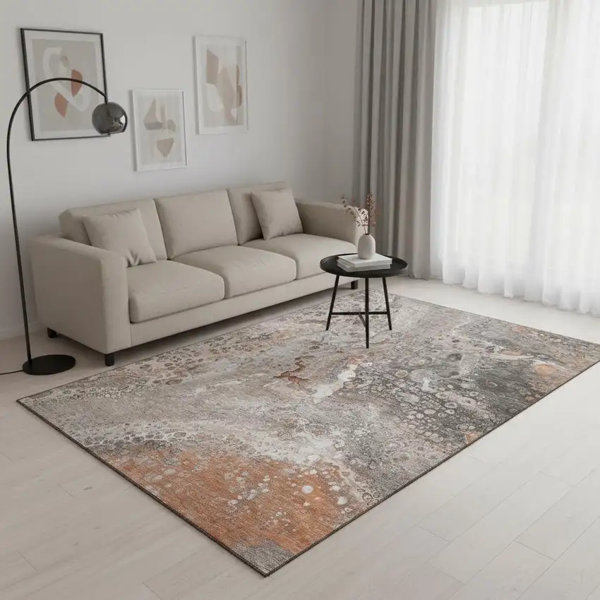 Terra Cotta Ivory And Gray Abstract Washable Area Rug With UV Protection Photo 2