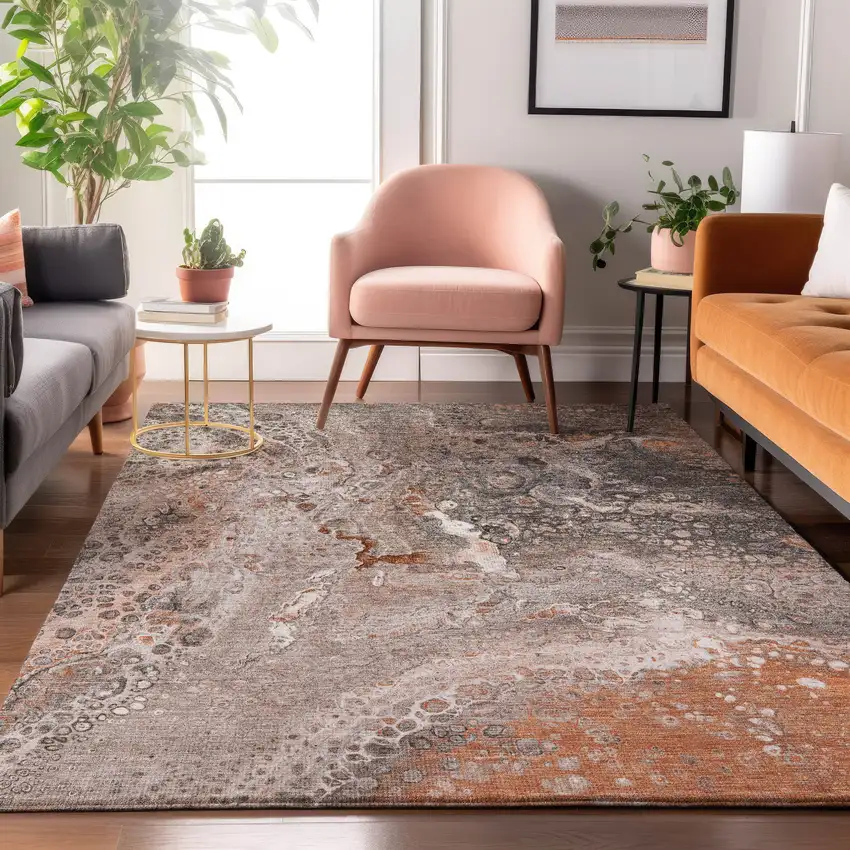 Terra Cotta Ivory And Gray Abstract Washable Area Rug With UV Protection Photo 5