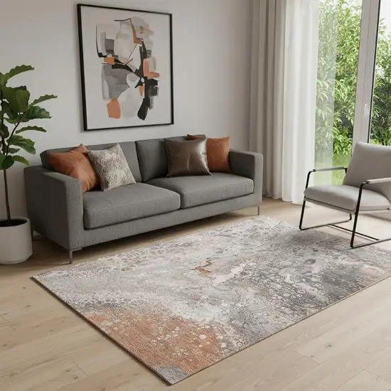 Terra Cotta Ivory And Gray Abstract Washable Area Rug With UV Protection Photo 1