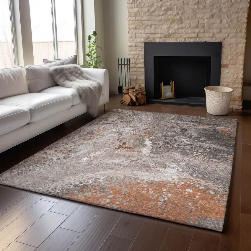 Terra Cotta Ivory And Gray Abstract Washable Area Rug With UV Protection Photo 5